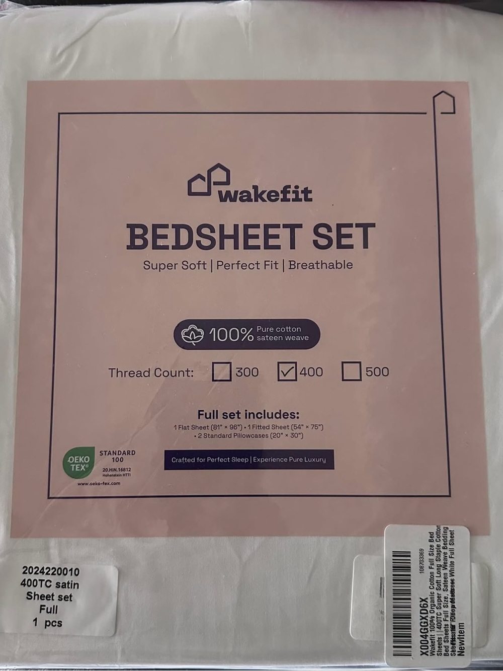 Wakefit 100% Organic Cotton Full Size 400 TC 4Pc 15" Deep Pocket Sheet Set White